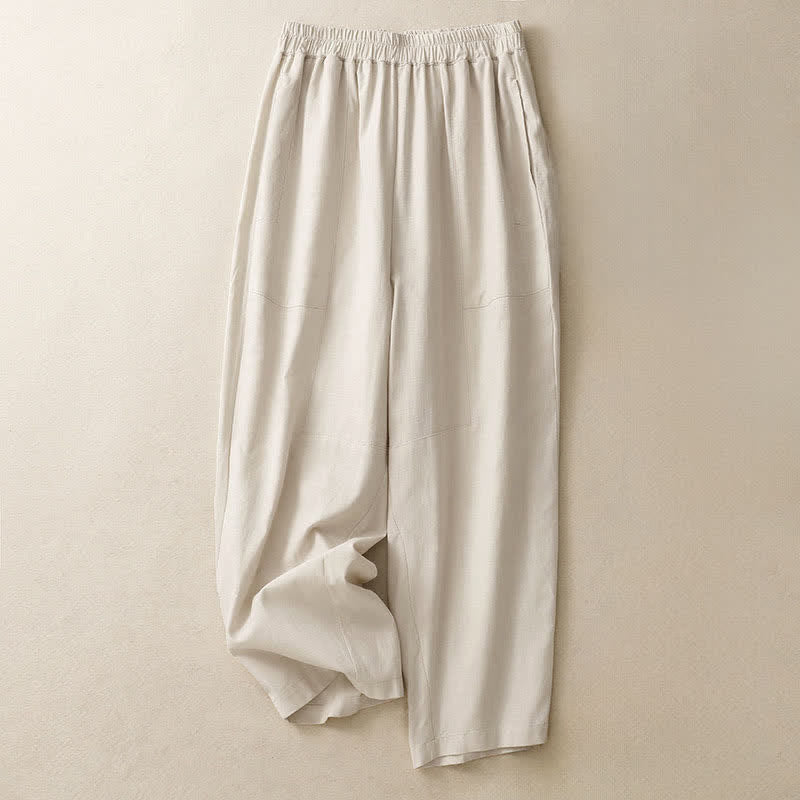 Buddha Stones Pantalon droit pour femme en coton, couleur unie, taille élastique, avec poches, idéal pour le printemps - Lin - US8-10，UK/AU12-14，EU40-42 (2XL) - image 6