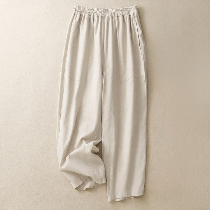 Buddha Stones Pantalon droit pour femme en coton, couleur unie, taille élastique, avec poches, idéal pour le printemps - Lin - US8-10，UK/AU12-14，EU40-42 (2XL) - image 6