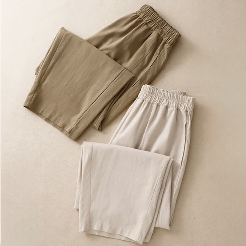 Buddha Stones Pantalon droit pour femme en coton, couleur unie, taille élastique, avec poches, idéal pour le printemps - image 17