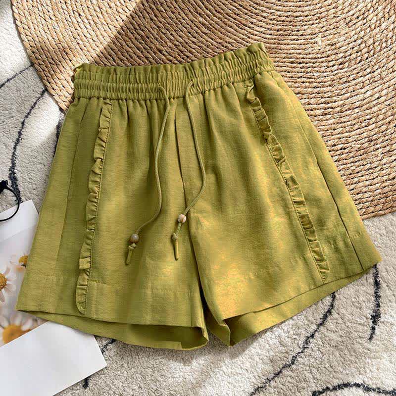 Buddha Stones Short d'été pour femme avec cordon de serrage, volants et taille élastique, poches - Vert olive - US8-10，UK/AU12-14，EU40-42 (2XL) - image 0