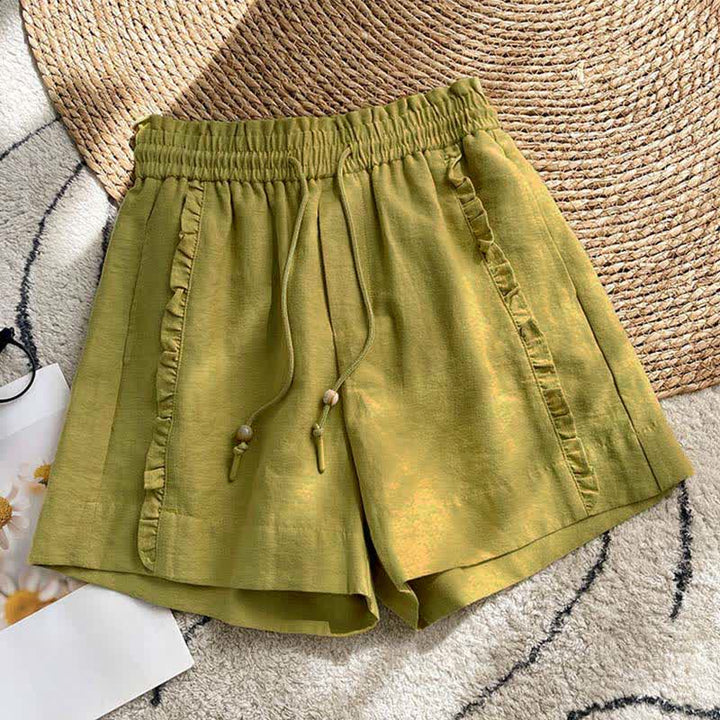 Buddha Stones Short d'été pour femme avec cordon de serrage, volants et taille élastique, poches - Vert olive - US8-10，UK/AU12-14，EU40-42 (2XL) - image 0