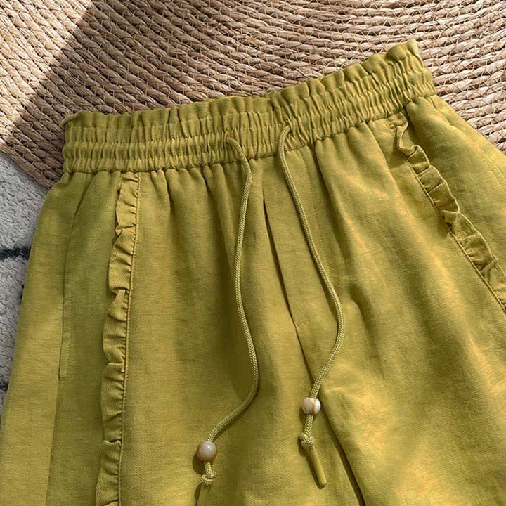 Buddha Stones Short d'été pour femme avec cordon de serrage, volants et taille élastique, poches - image 1
