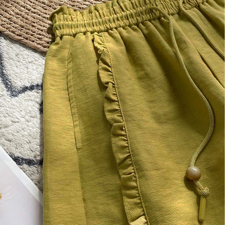 Buddha Stones Short d'été pour femme avec cordon de serrage, volants et taille élastique, poches - image 3