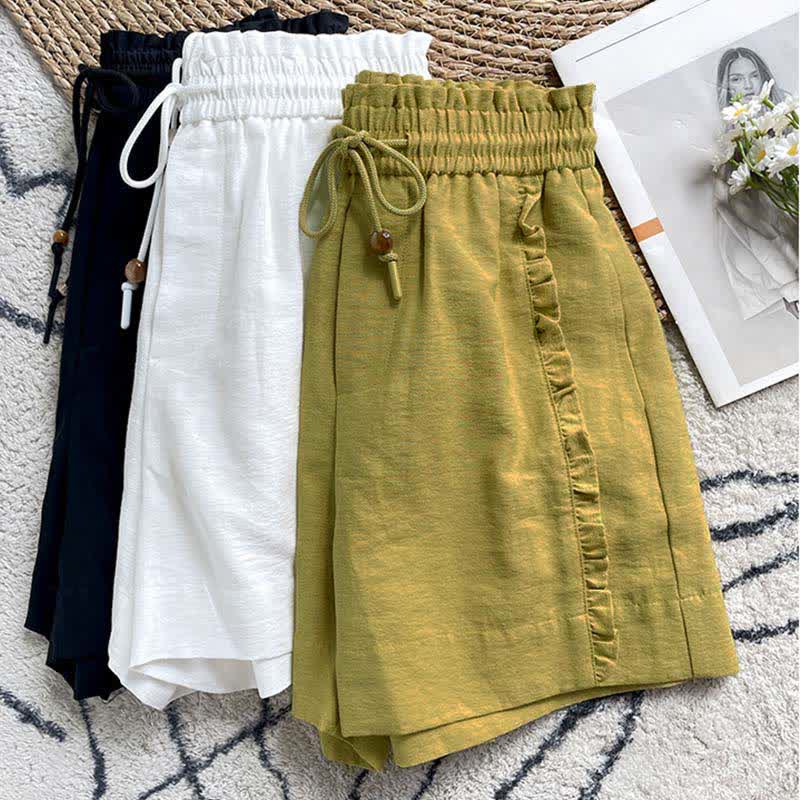 Buddha Stones Short d'été pour femme avec cordon de serrage, volants et taille élastique, poches - image 27
