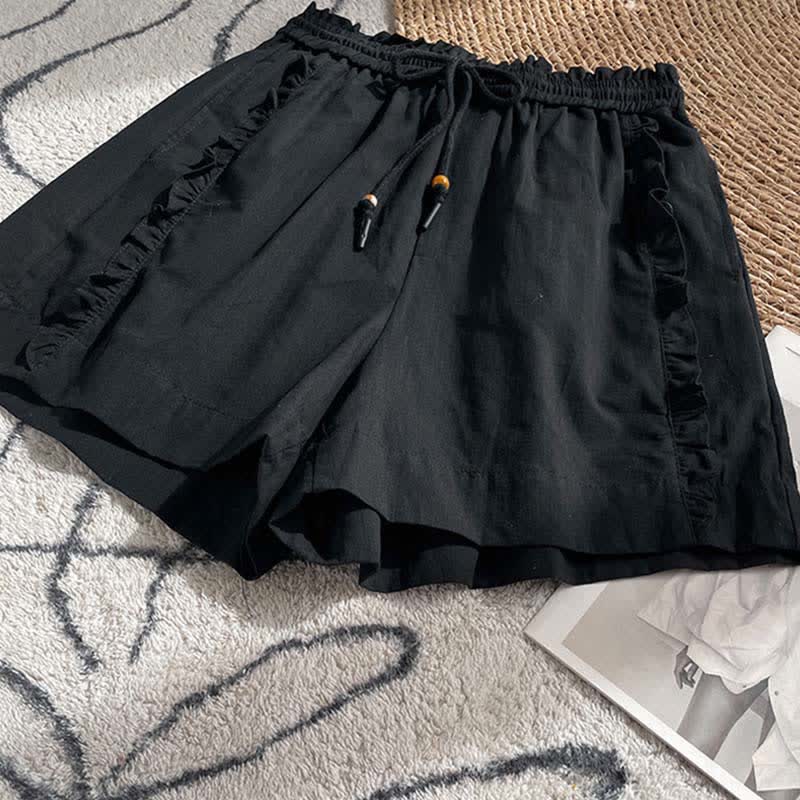 Buddha Stones Short d'été pour femme avec cordon de serrage, volants et taille élastique, poches - image 8