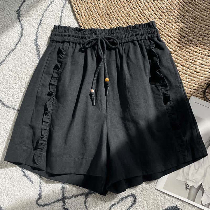 Buddha Stones Short d'été pour femme avec cordon de serrage, volants et taille élastique, poches - Noir - US8-10，UK/AU12-14，EU40-42 (2XL) - image 7