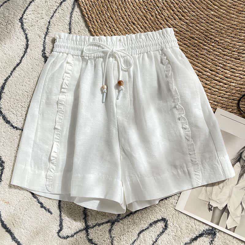 Buddha Stones Short d'été pour femme avec cordon de serrage, volants et taille élastique, poches - Blanc - US8-10，UK/AU12-14，EU40-42 (2XL) - image 13