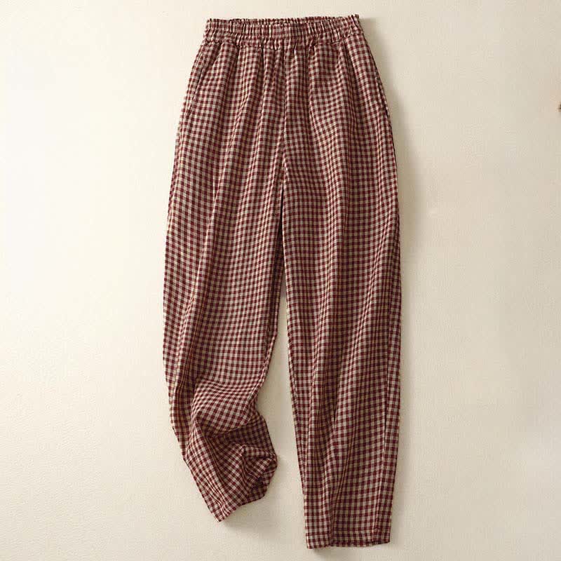 Buddha Stones Pantalon d'été à carreaux, taille élastique, coupe fuselée, court, avec poches - FireBrick - US8-10，UK/AU12-14，EU40-42 (2XL) - image 0