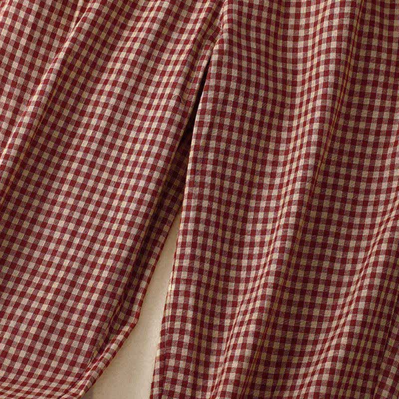Buddha Stones Pantalon d'été à carreaux, taille élastique, coupe fuselée, court, avec poches - image 3