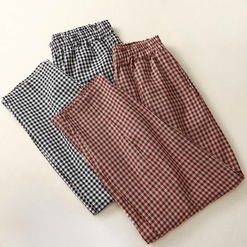 Buddha Stones Pantalon d'été à carreaux, taille élastique, coupe fuselée, court, avec poches - image 15
