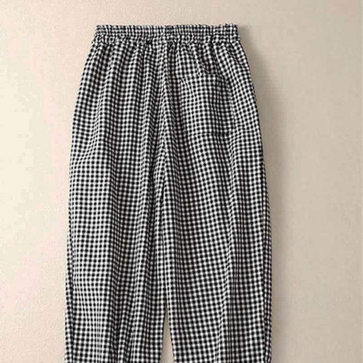 Buddha Stones Pantalon d'été à carreaux, taille élastique, coupe fuselée, court, avec poches - image 7