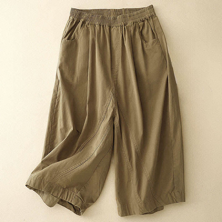 Buddha Stones Short d'été en coton à taille élastique pour femme, avec poches - Kaki foncé - US8-10，UK/AU12-14，EU40-42 (2XL) - image 0