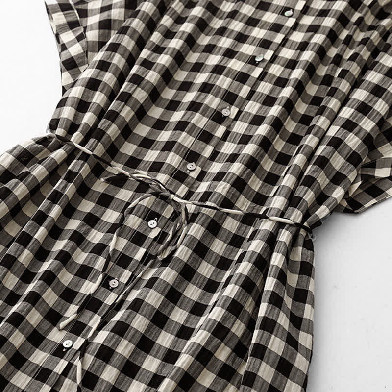 Buddha Stones Robe courte à carreaux vichy pour femme, longueur genou, manches courtes, taille nouée, ourlet en mousseline - image 5