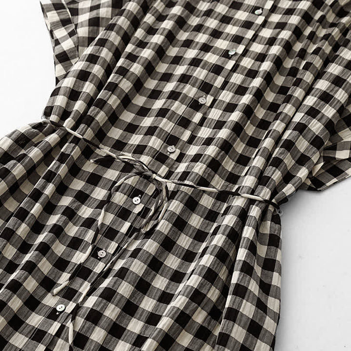 Buddha Stones Robe courte à carreaux vichy pour femme, longueur genou, manches courtes, taille nouée, ourlet en mousseline - image 5