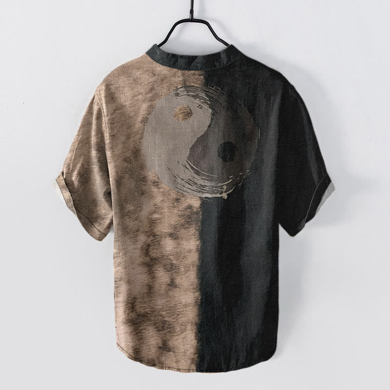 Buddha Stones Chemise homme à manches courtes et demi-boutons, imprimée à l'encre Taiji bicolore en coton - image 1