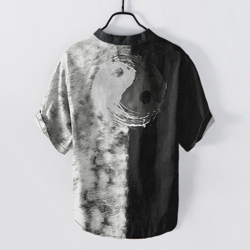 Buddha Stones Chemise homme à manches courtes et demi-boutons, imprimée à l'encre Taiji bicolore en coton - image 6