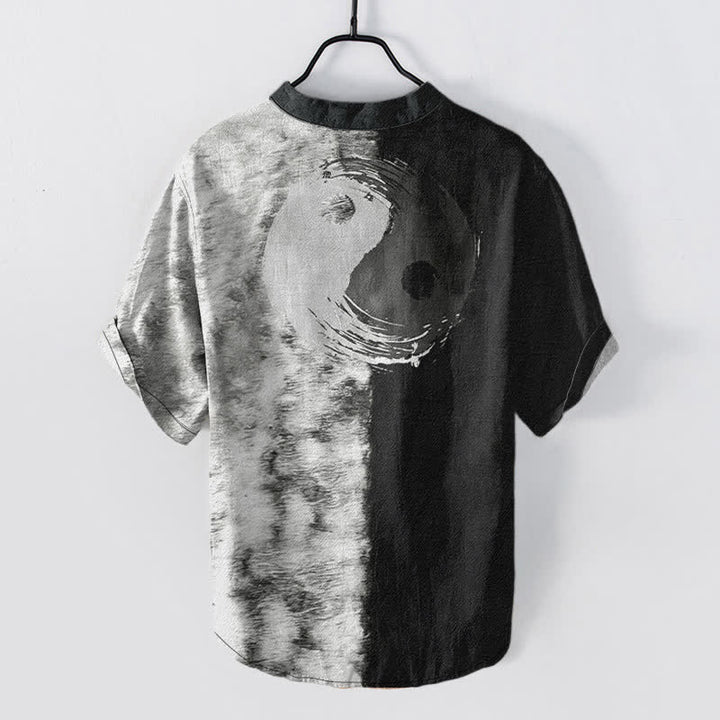Buddha Stones Chemise homme à manches courtes et demi-boutons, imprimée à l'encre Taiji bicolore en coton - image 6