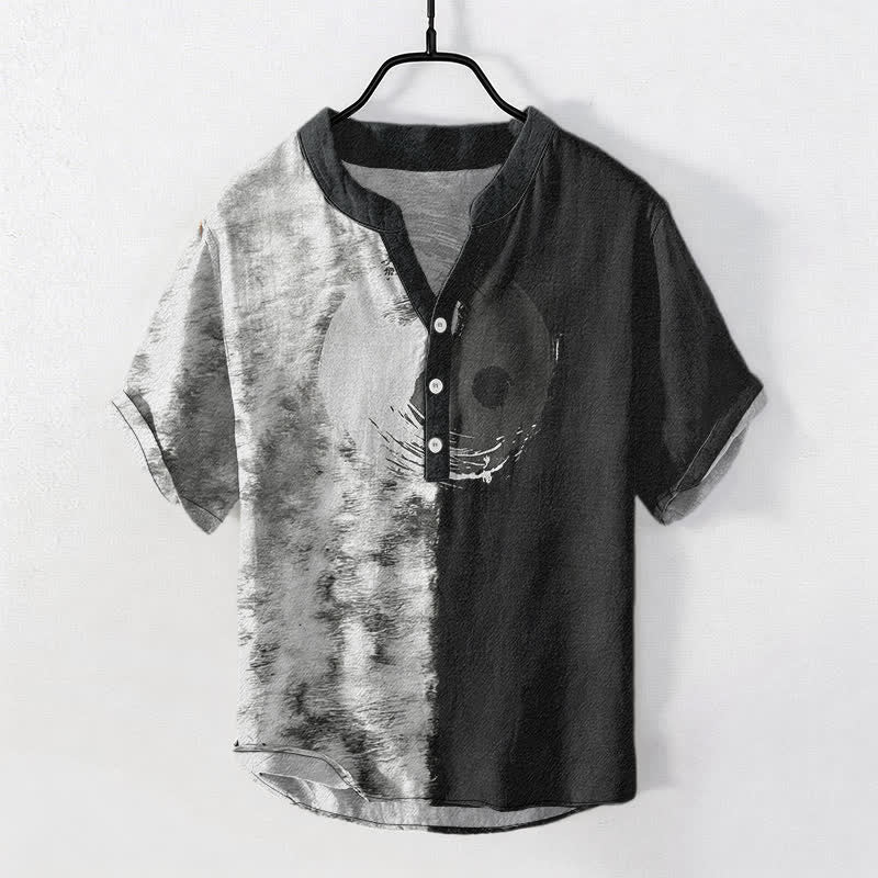 Buddha Stones Chemise homme à manches courtes et demi-boutons, imprimée à l'encre Taiji bicolore en coton - WhiteSmoke - US/UK/AU50，EU60 (5XL) - image 5