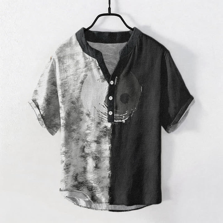 Buddha Stones Chemise homme à manches courtes et demi-boutons, imprimée à l'encre Taiji bicolore en coton - WhiteSmoke - US/UK/AU50，EU60 (5XL) - image 5