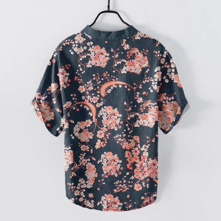 Buddha Stones Chemise Henley à manches courtes et demi-boutonnée pour homme, en coton rose à fleurs. - image 1
