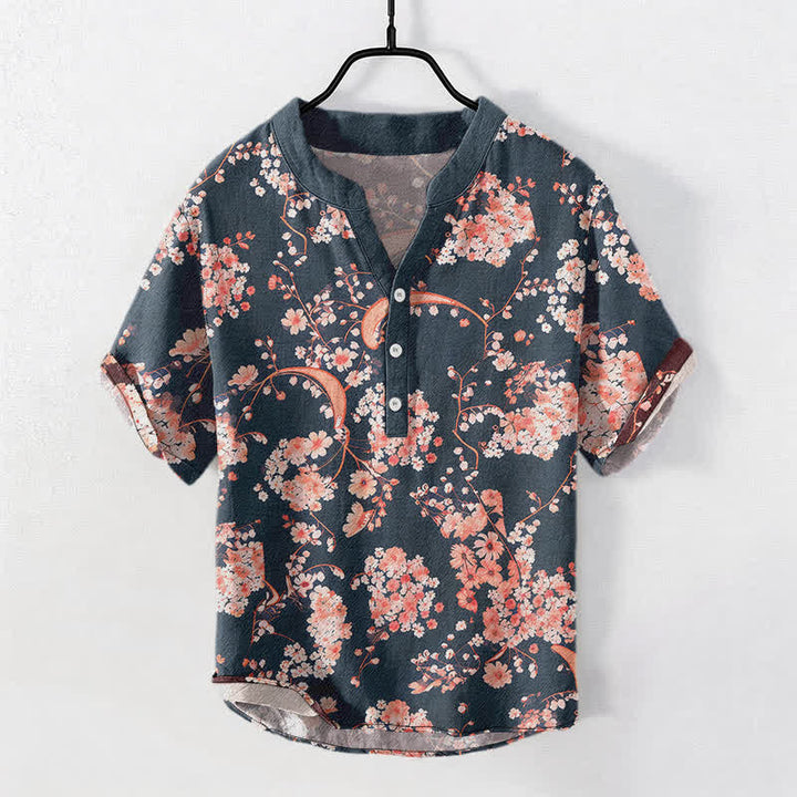 Buddha Stones Chemise Henley à manches courtes et demi-boutonnée pour homme, en coton rose à fleurs. - Gris ardoise foncé - US/UK/AU50，EU60 (5XL) - image 0