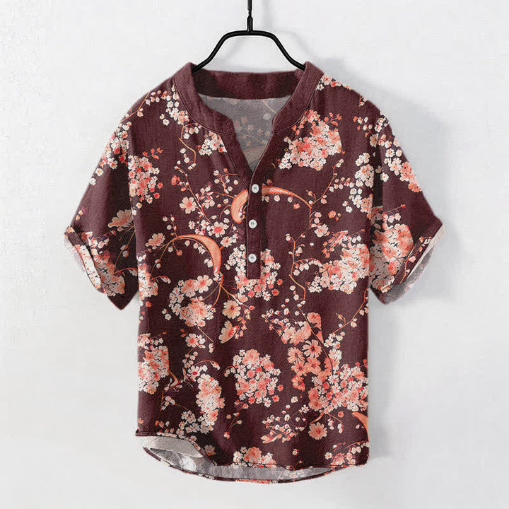 Buddha Stones Chemise Henley à manches courtes et demi-boutonnée pour homme, en coton rose à fleurs. - Rouge foncé - US/UK/AU50，EU60 (5XL) - image 5