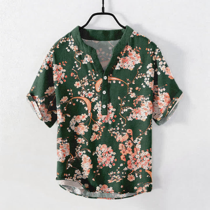 Buddha Stones Chemise Henley à manches courtes et demi-boutonnée pour homme, en coton rose à fleurs. - Vert foncé - US/UK/AU50，EU60 (5XL) - image 10