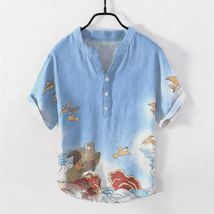 Buddha Stones Chemise à manches courtes pour homme en coton imprimé oiseaux de l'océan, vagues et rochers, demi-boutonnée - Bleu ciel clair - US/UK/AU50，EU60 (5XL) - image 0