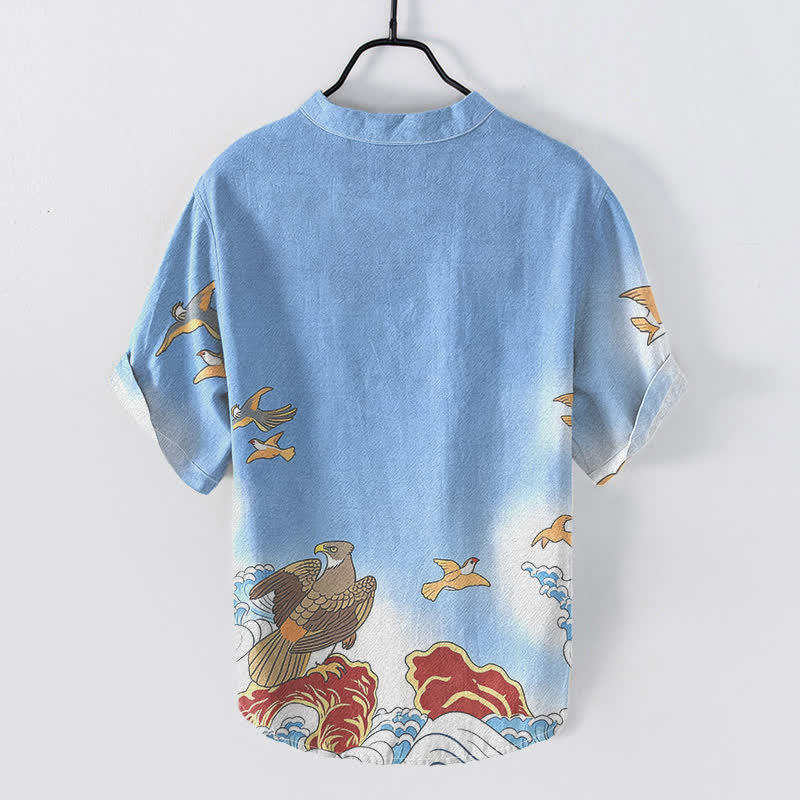 Buddha Stones Chemise à manches courtes pour homme en coton imprimé oiseaux de l'océan, vagues et rochers, demi-boutonnée - image 1