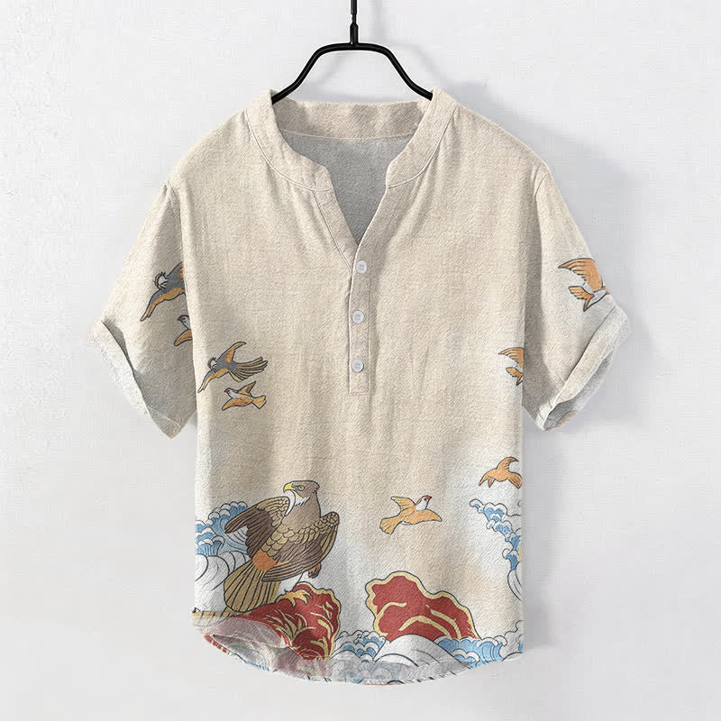 Buddha Stones Chemise à manches courtes pour homme en coton imprimé oiseaux de l'océan, vagues et rochers, demi-boutonnée - Blanc antique - US/UK/AU50，EU60 (5XL) - image 3