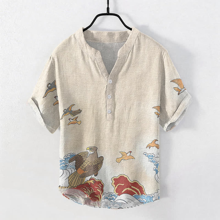 Buddha Stones Chemise à manches courtes pour homme en coton imprimé oiseaux de l'océan, vagues et rochers, demi-boutonnée - Blanc antique - US/UK/AU50，EU60 (5XL) - image 3