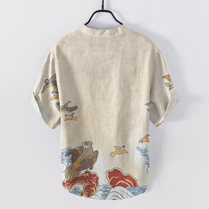 Buddha Stones Chemise à manches courtes pour homme en coton imprimé oiseaux de l'océan, vagues et rochers, demi-boutonnée - image 4
