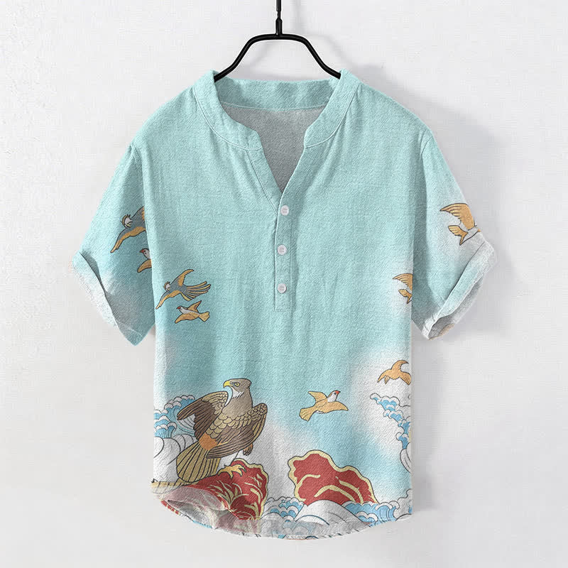 Buddha Stones Chemise à manches courtes pour homme en coton imprimé oiseaux de l'océan, vagues et rochers, demi-boutonnée - Turquoise - US/UK/AU50，EU60 (5XL) - image 5