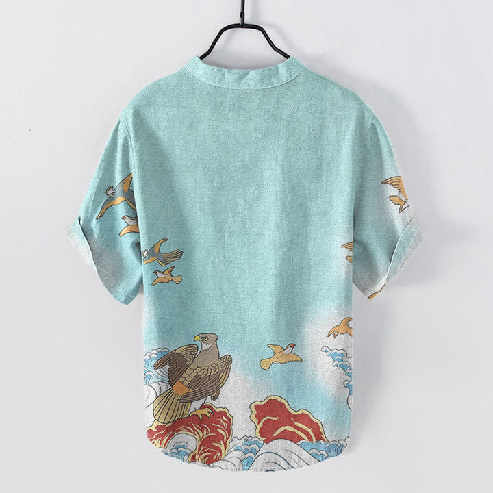 Buddha Stones Chemise à manches courtes pour homme en coton imprimé oiseaux de l'océan, vagues et rochers, demi-boutonnée - image 6