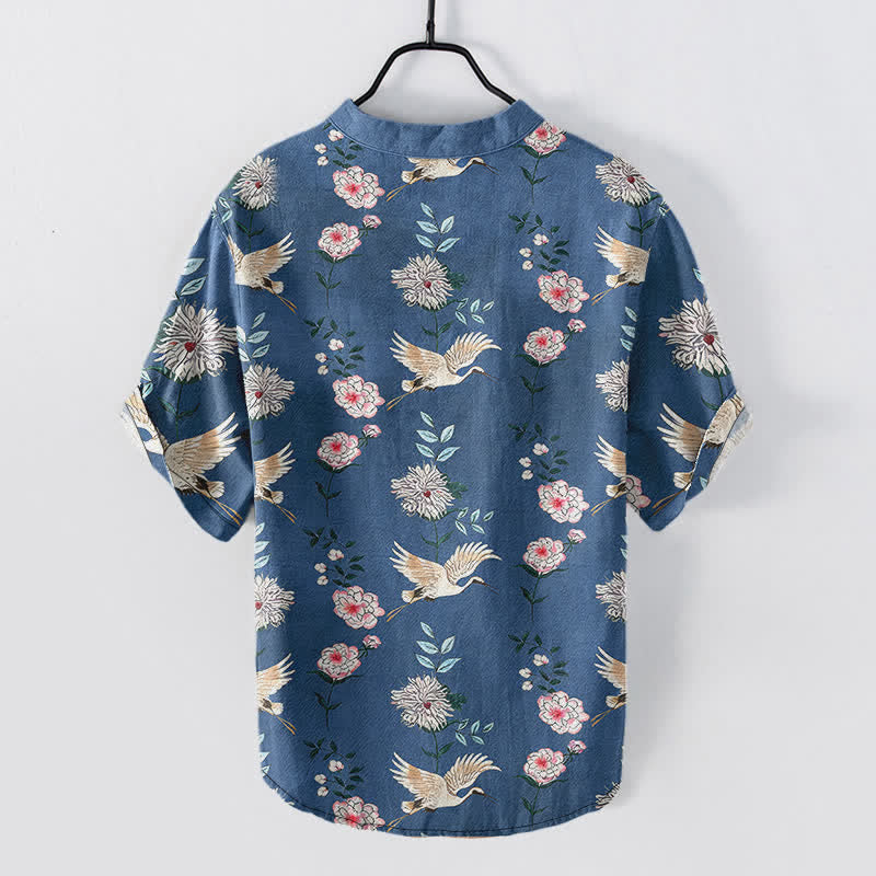 Buddha Stones Chemise homme à manches courtes et demi-boutonnée en coton imprimé floral Crane - image 1