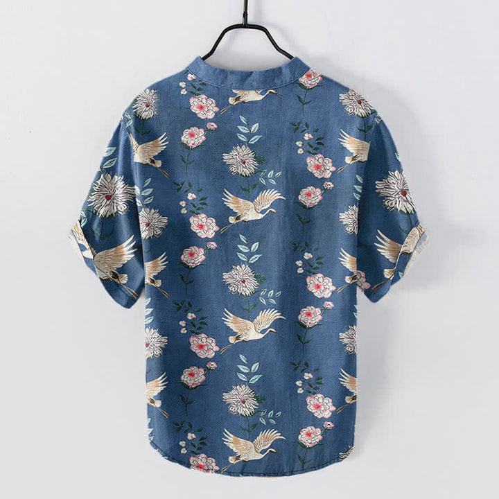 Buddha Stones Chemise homme à manches courtes et demi-boutonnée en coton imprimé floral Crane - image 1