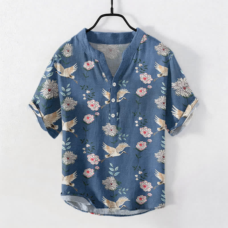 Buddha Stones Chemise homme à manches courtes et demi-boutonnée en coton imprimé floral Crane - SteelBlue - US/UK/AU50，EU60 (5XL) - image 0