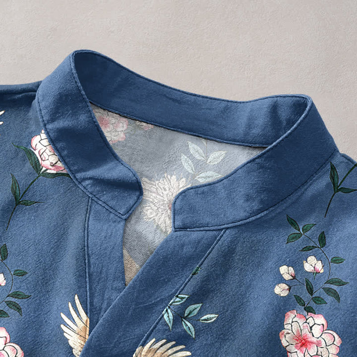 Buddha Stones Chemise homme à manches courtes et demi-boutonnée en coton imprimé floral Crane - image 2