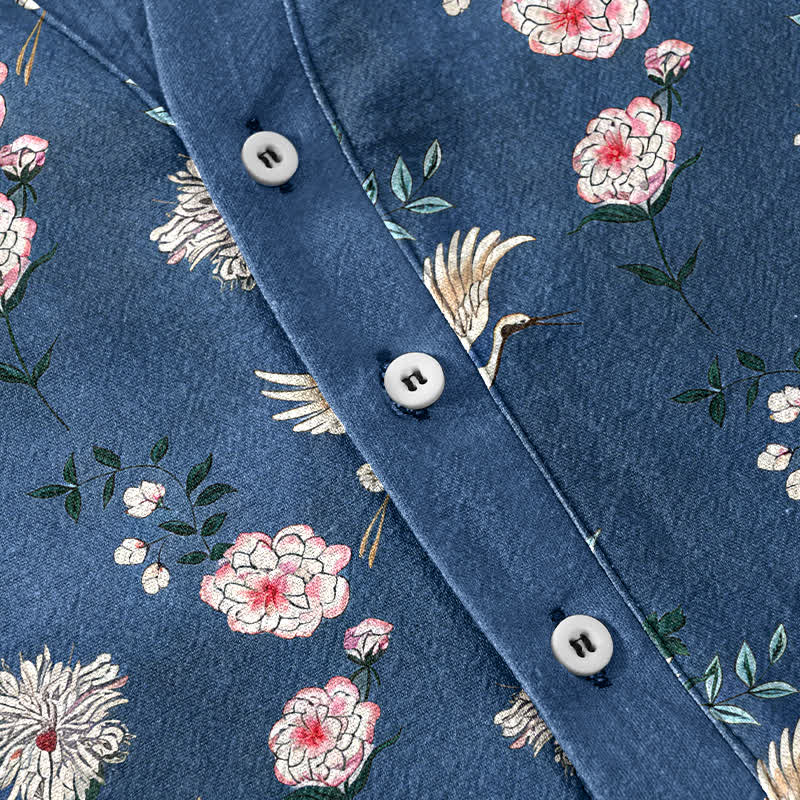 Buddha Stones Chemise homme à manches courtes et demi-boutonnée en coton imprimé floral Crane - image 3