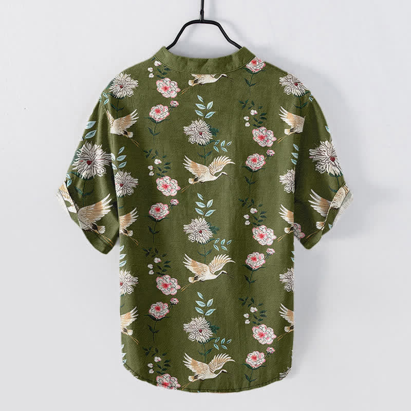 Buddha Stones Chemise homme à manches courtes et demi-boutonnée en coton imprimé floral Crane - image 6