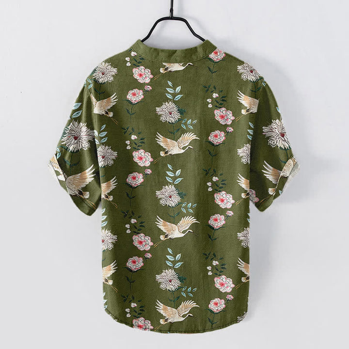 Buddha Stones Chemise homme à manches courtes et demi-boutonnée en coton imprimé floral Crane - image 6