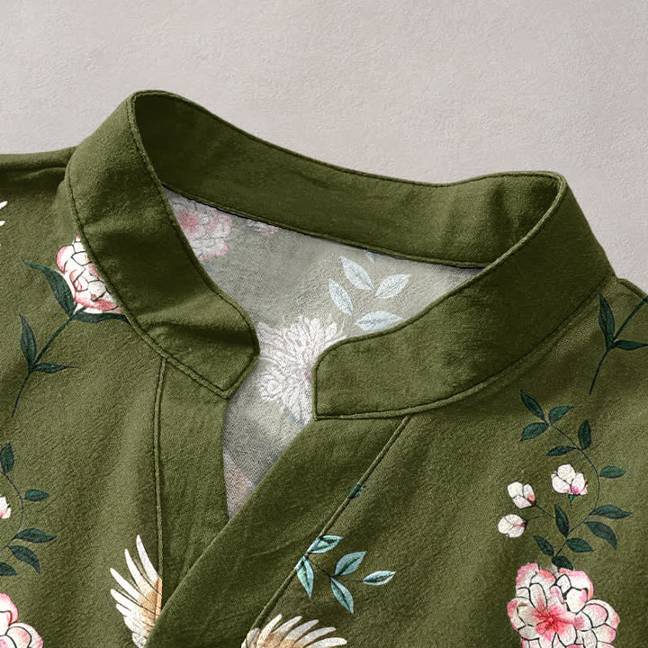 Buddha Stones Chemise homme à manches courtes et demi-boutonnée en coton imprimé floral Crane - image 7