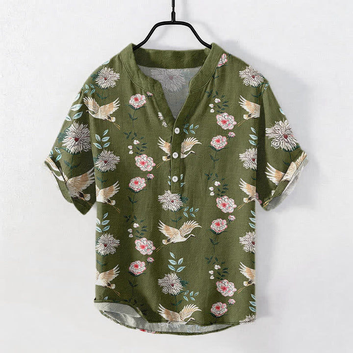 Buddha Stones Chemise homme à manches courtes et demi-boutonnée en coton imprimé floral Crane - Vert olive foncé - US/UK/AU50，EU60 (5XL) - image 5