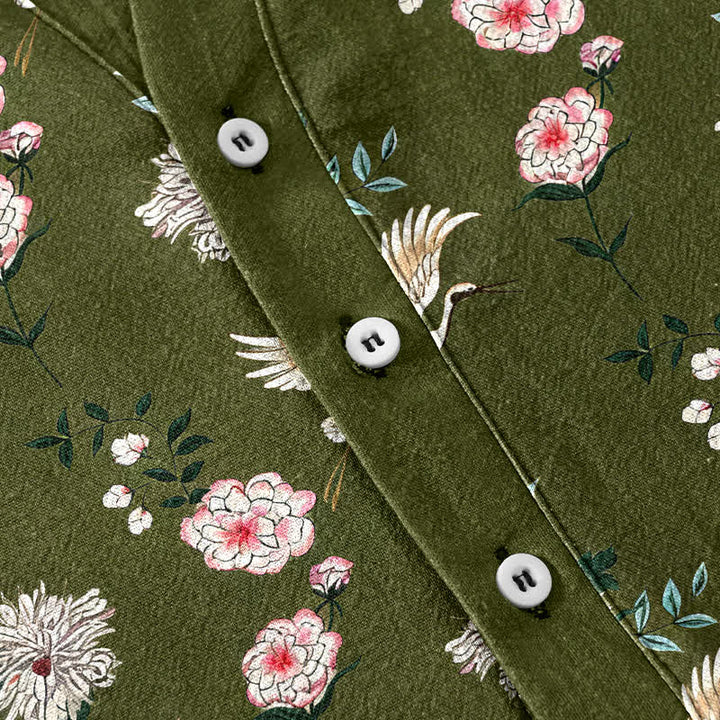 Buddha Stones Chemise homme à manches courtes et demi-boutonnée en coton imprimé floral Crane - image 8
