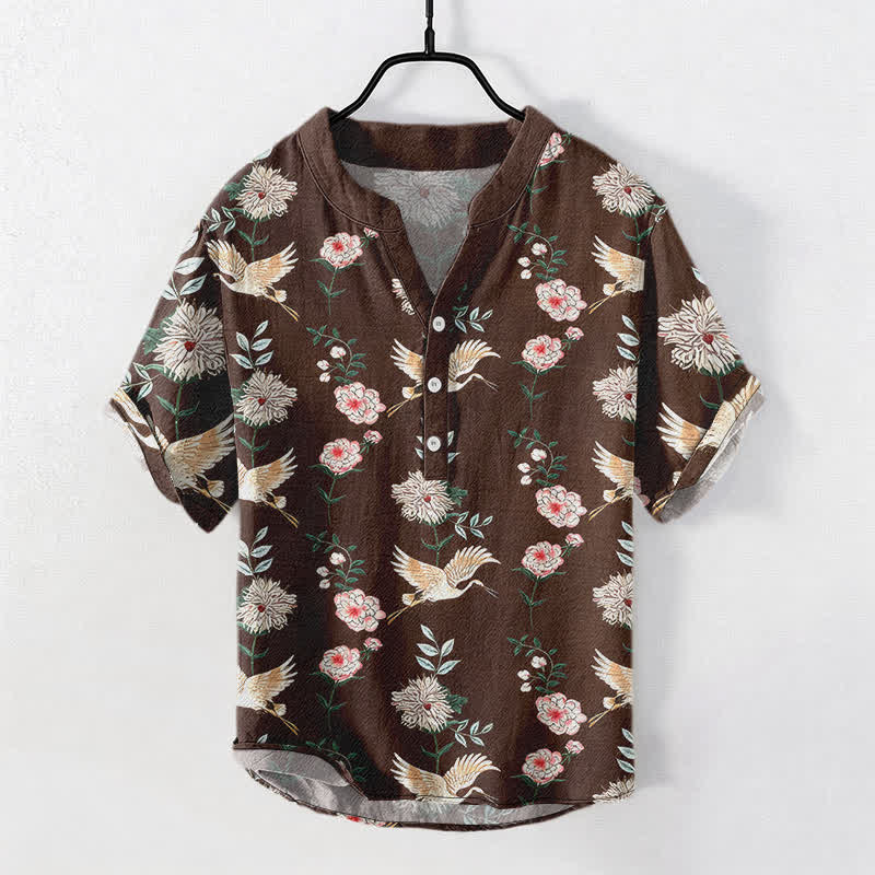 Buddha Stones Chemise homme à manches courtes et demi-boutonnée en coton imprimé floral Crane - SaddleBrown - US/UK/AU50，EU60 (5XL) - image 10