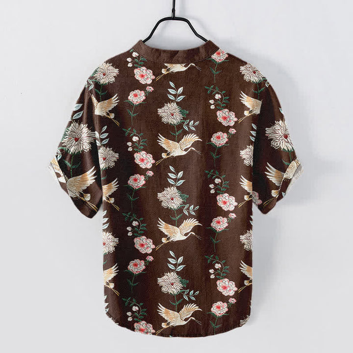 Buddha Stones Chemise homme à manches courtes et demi-boutonnée en coton imprimé floral Crane - image 11