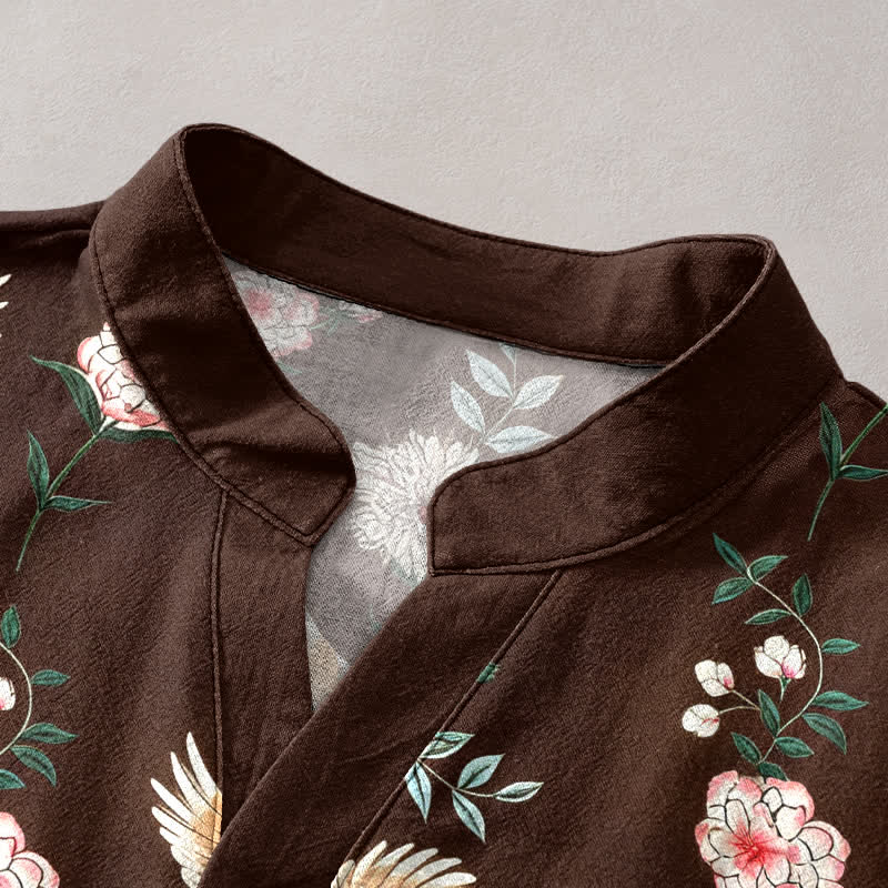 Buddha Stones Chemise homme à manches courtes et demi-boutonnée en coton imprimé floral Crane - image 12