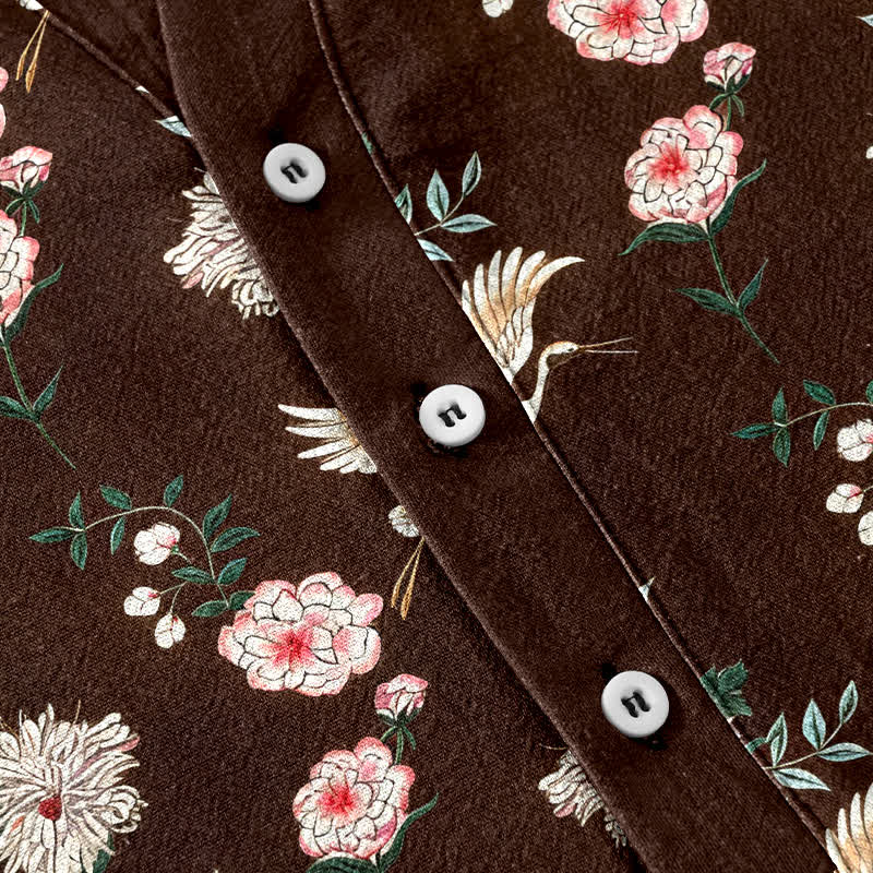 Buddha Stones Chemise homme à manches courtes et demi-boutonnée en coton imprimé floral Crane - image 13