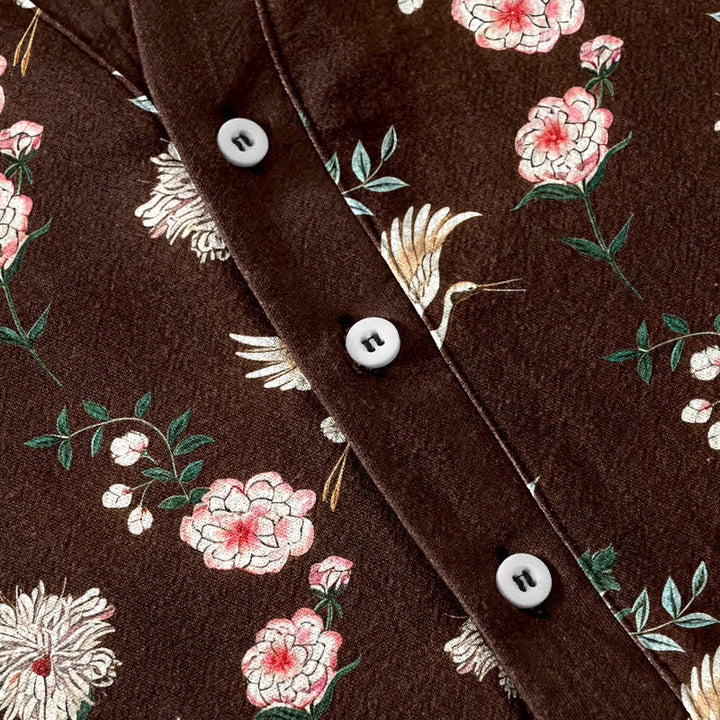 Buddha Stones Chemise homme à manches courtes et demi-boutonnée en coton imprimé floral Crane - image 13