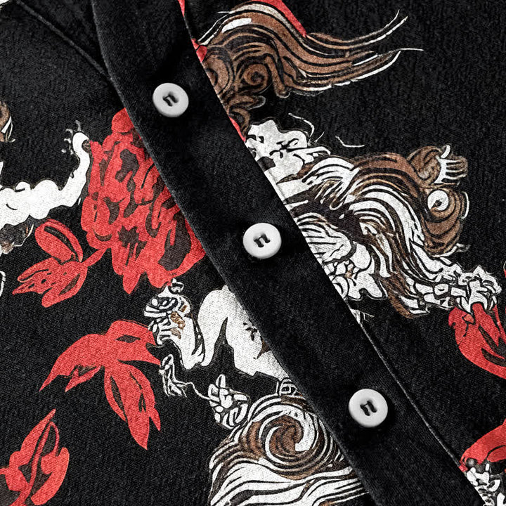 Buddha Stones Chemise Henley à manches courtes et demi-boutonnée pour homme, en coton rouge à imprimé floral nuageux - image 3